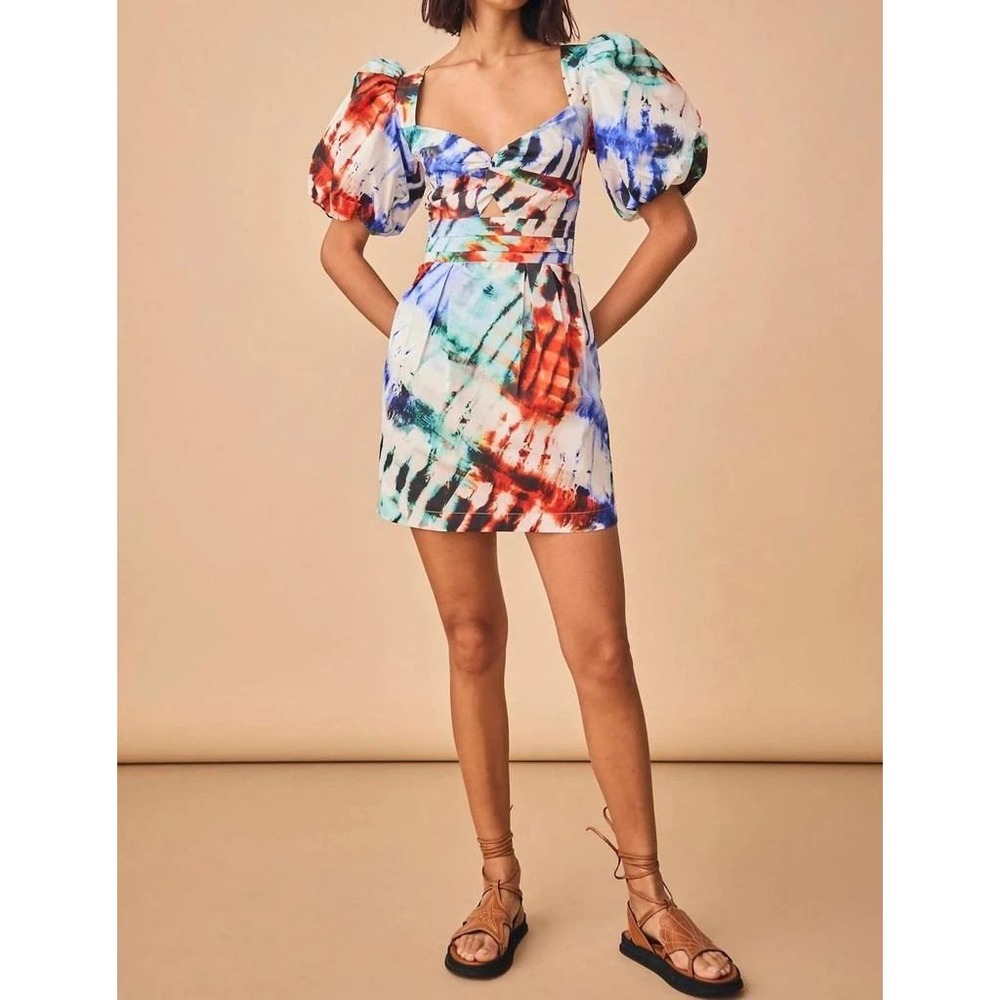 Hunter Bell Tilly Mini Dress Electric Tie Dye Puff Sleeve White Blue Sz 4